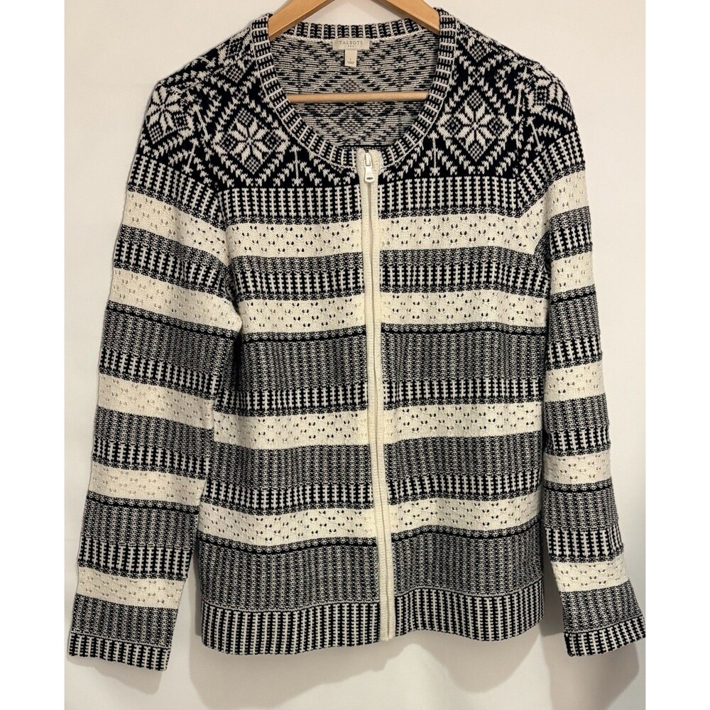 Talbots Fair Isle Nordic Snowflake Full Zip Cardigan Sweater Black White